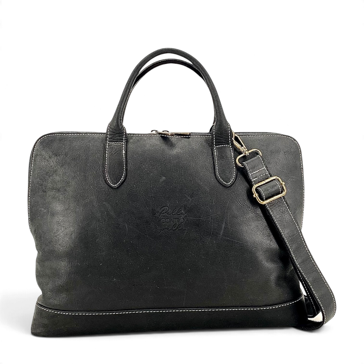 Borsa messenger Amatì Maat in pelle ingrassata nera con tracolla regolabile e cuciture a contrasto