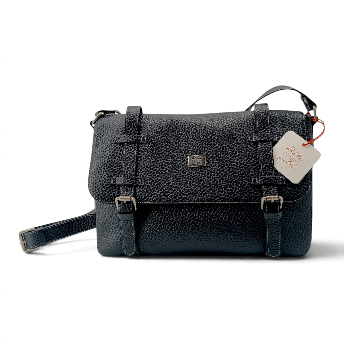 Borsa messenger Amatì Hermes in pelle bucciata nera con tracolla regolabile e chiusure magnetiche, stile artigianale.