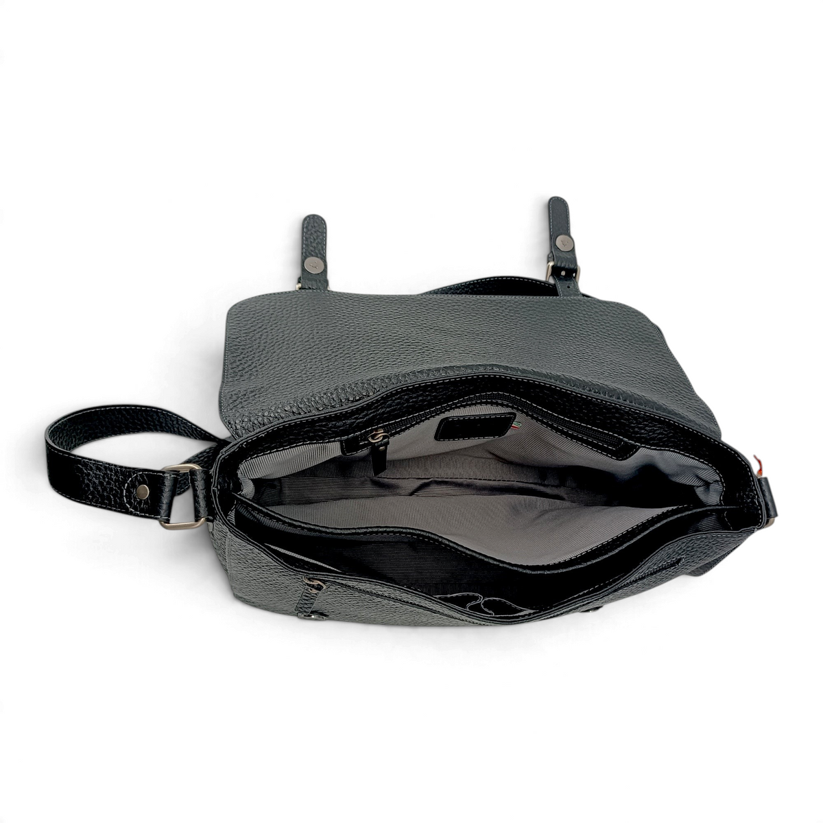Borsa messenger Amatì Hermes in pelle bucciata nera con interno organizzato e tracolla regolabile, vista dall'alto.
