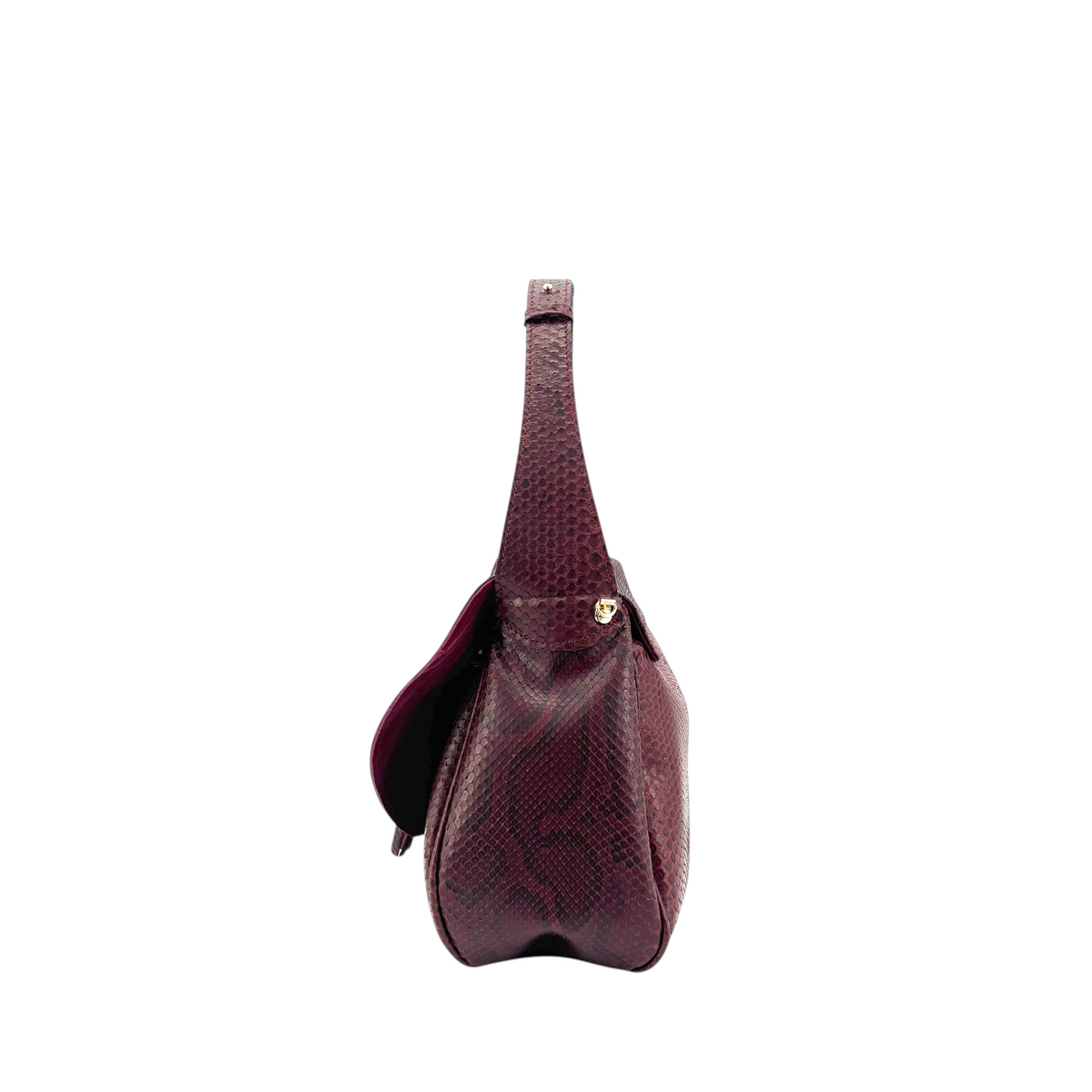 Borsa Amatì Onice in vero pitone bordeaux con dettagli dorati, vista laterale del modello artigianale Made in Italy