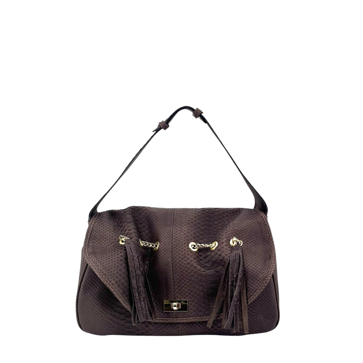 Borsa Amatì Onice in vero pitone bordeaux con nappe decorative e dettagli in metallo dorato, stile artigianale