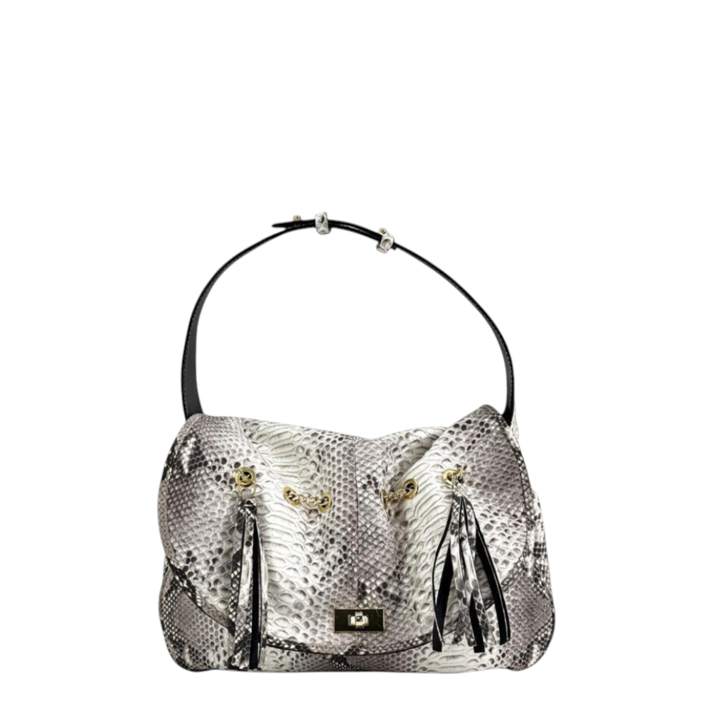 Borsa Amatì modello Onice in vero pitone grigio e bianco con nappe decorative e dettagli metallici dorati