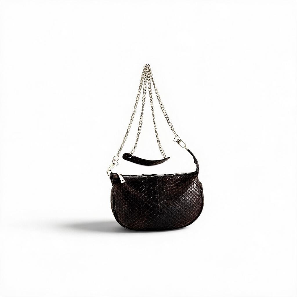 Borsa Amatì Perla in vero pitone marrone con tracolla a catena oro removibile e chiusura zip dorata.
