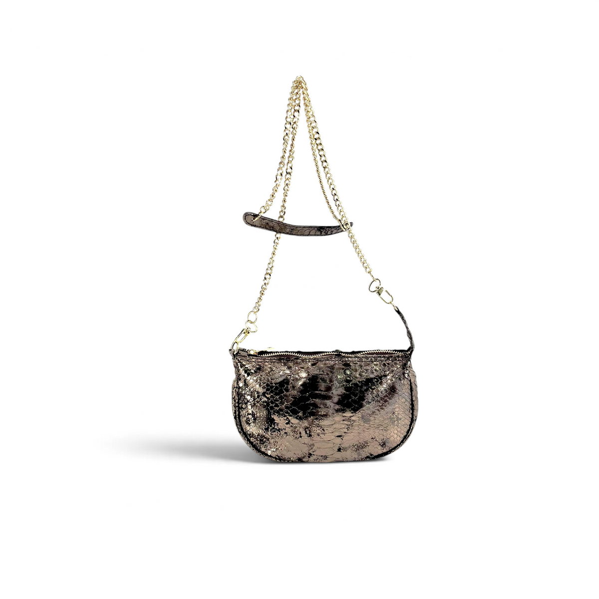 Borsa Amatì Perla in vero pitone metallizzato con tracolla a catena oro removibile, design versatile Made in Italy.