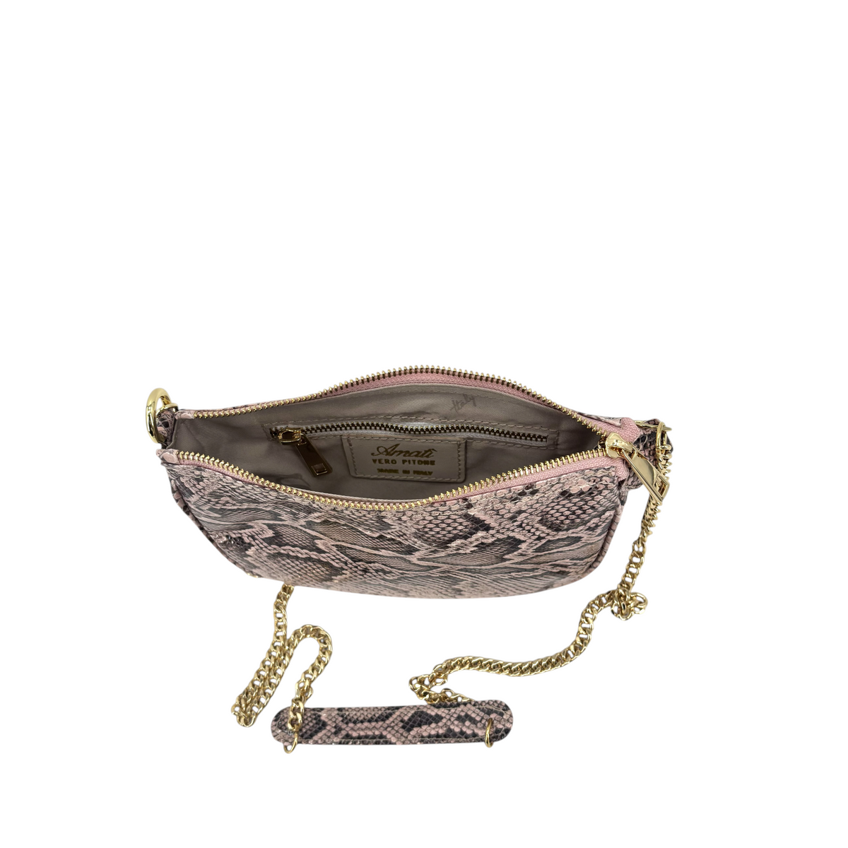 Borsa Amatì Perla in vero pitone rosa con tracolla a catena oro removibile, vista interna con fodera e zip.