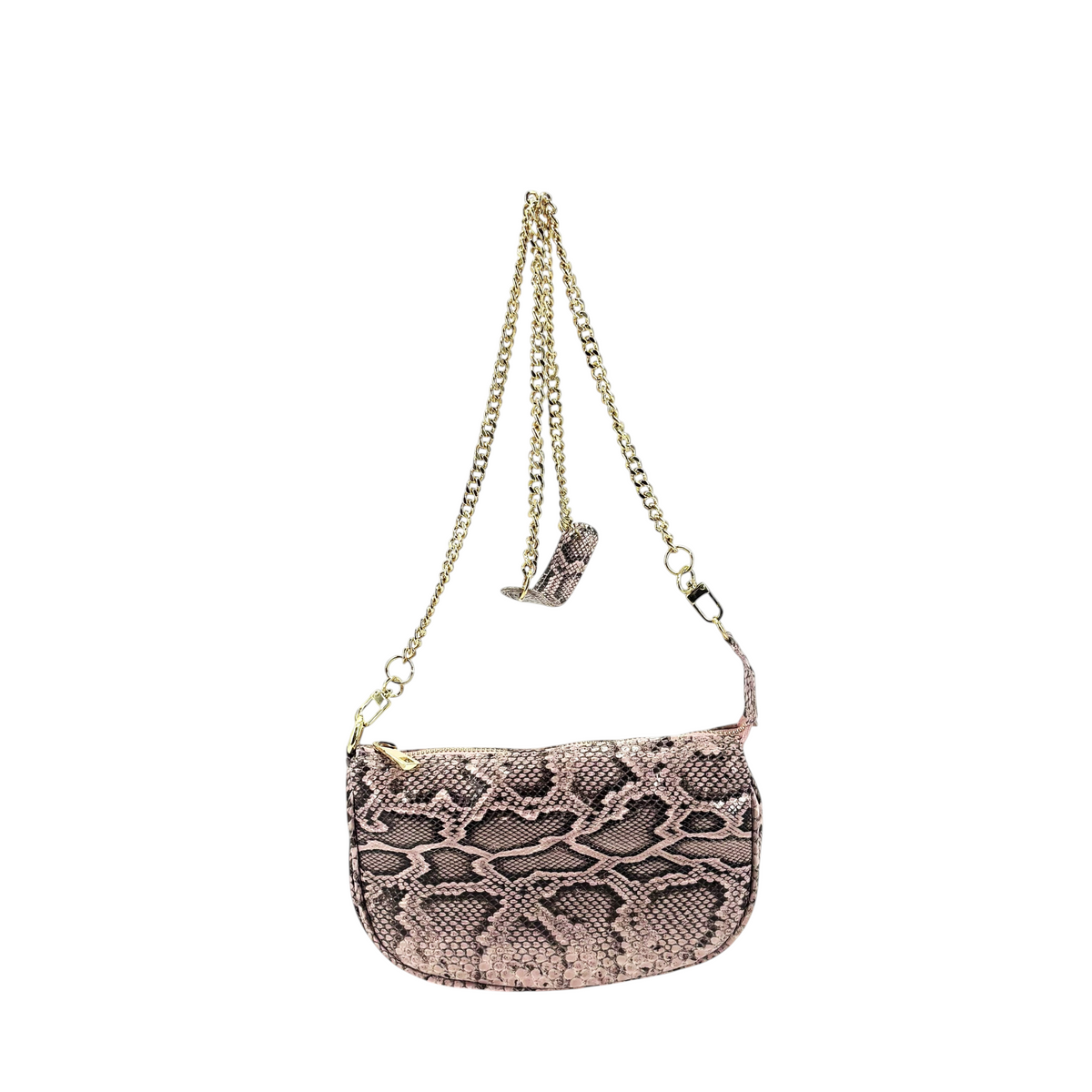 Borsa Amatì Perla in vero pitone rosa con tracolla a catena oro removibile, design versatile Made in Italy