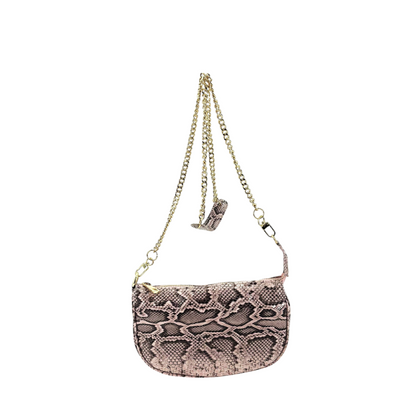 Borsa Amatì Perla in vero pitone rosa con tracolla a catena oro removibile, design versatile Made in Italy