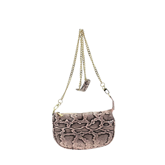 Borsa Amatì Perla in vero pitone rosa con tracolla a catena oro removibile, design versatile Made in Italy