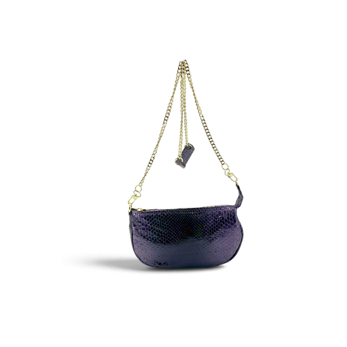 Borsa Amatì Perla in vero pitone viola con tracolla a catena oro removibile, design elegante Made in Italy