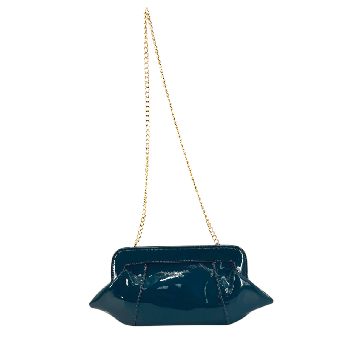 Pochette da sera Amatì Queen in eco vernice ottanio lucida con chiusura a scatto e tracolla a catena dorata removibile
