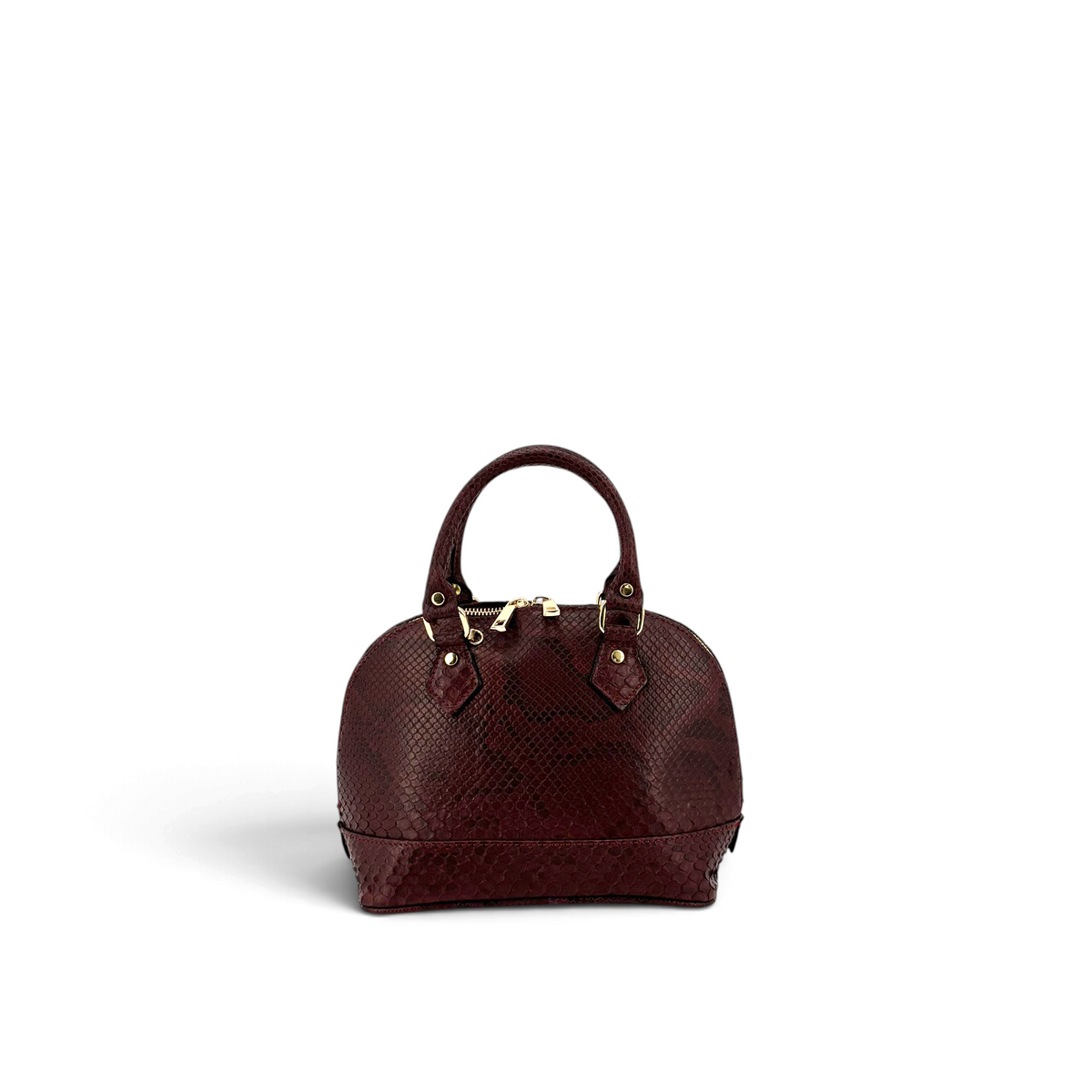Borsa a cupola Amatì Rubina in vero pitone bordeaux con dettagli dorati, manici rigidi e design Made in Italy.
