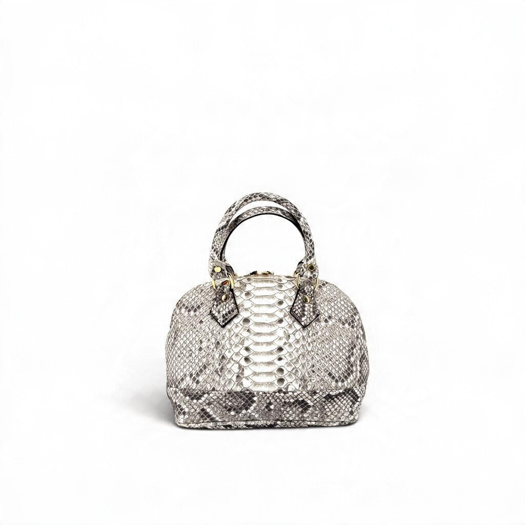 Borsa Amatì Rubina a cupola in vero pitone con dettagli dorati e doppi manici, artigianato Made in Italy.