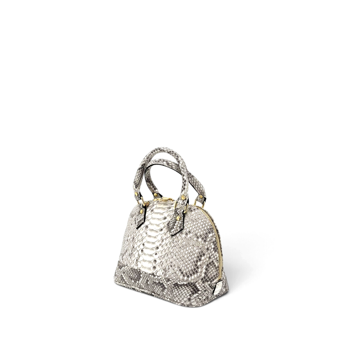 Borsa a cupola Amatì Rubina in vero pitone grigio con dettagli dorati, manici rigidi e tracolla removibile.