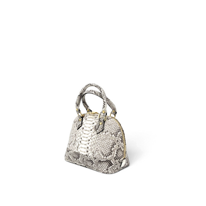 Borsa a cupola Amatì Rubina in vero pitone grigio con dettagli dorati, manici rigidi e tracolla removibile.
