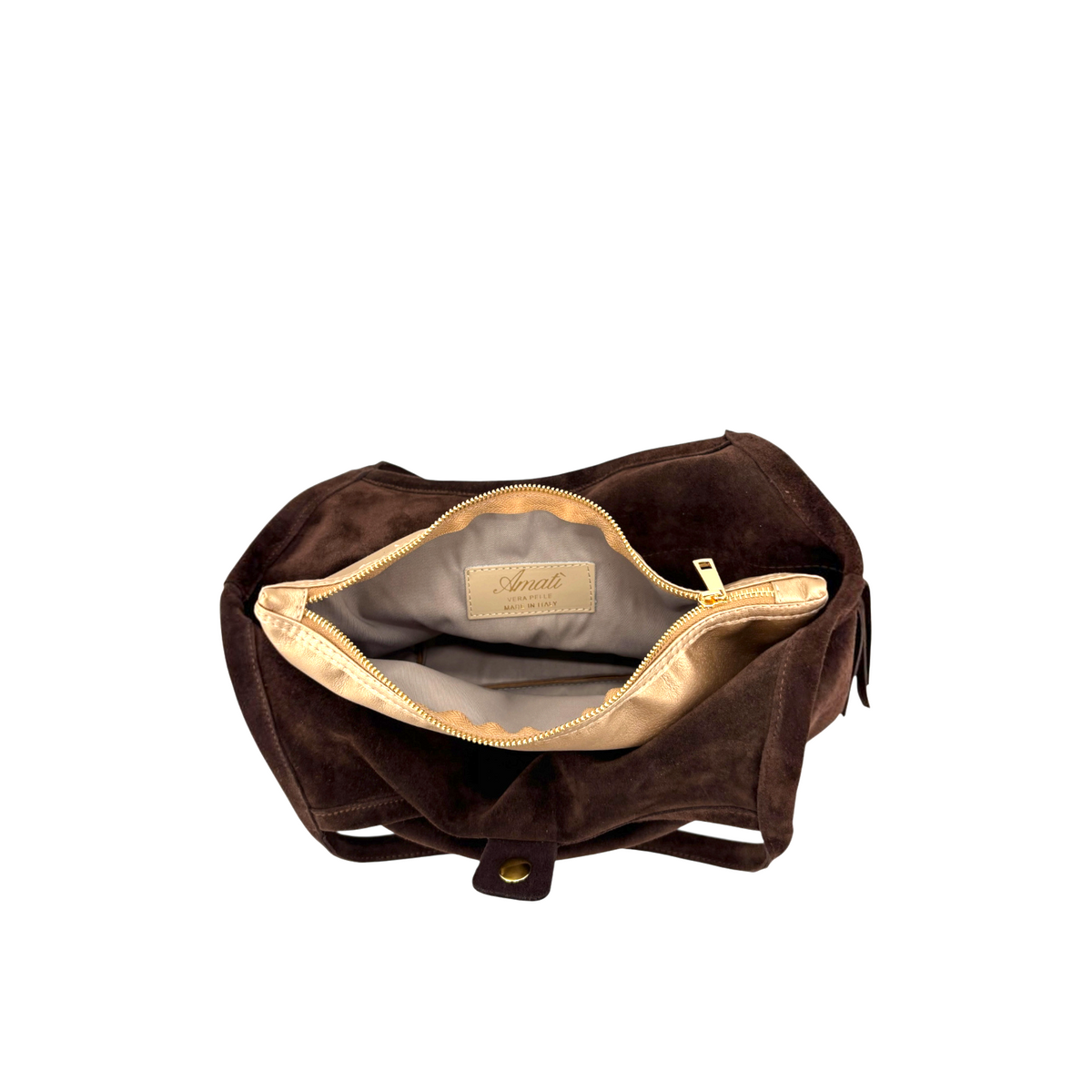 Borsa Amatì Samba in camoscio marrone con pochette interna dorata estraibile e chiusura a calamita.