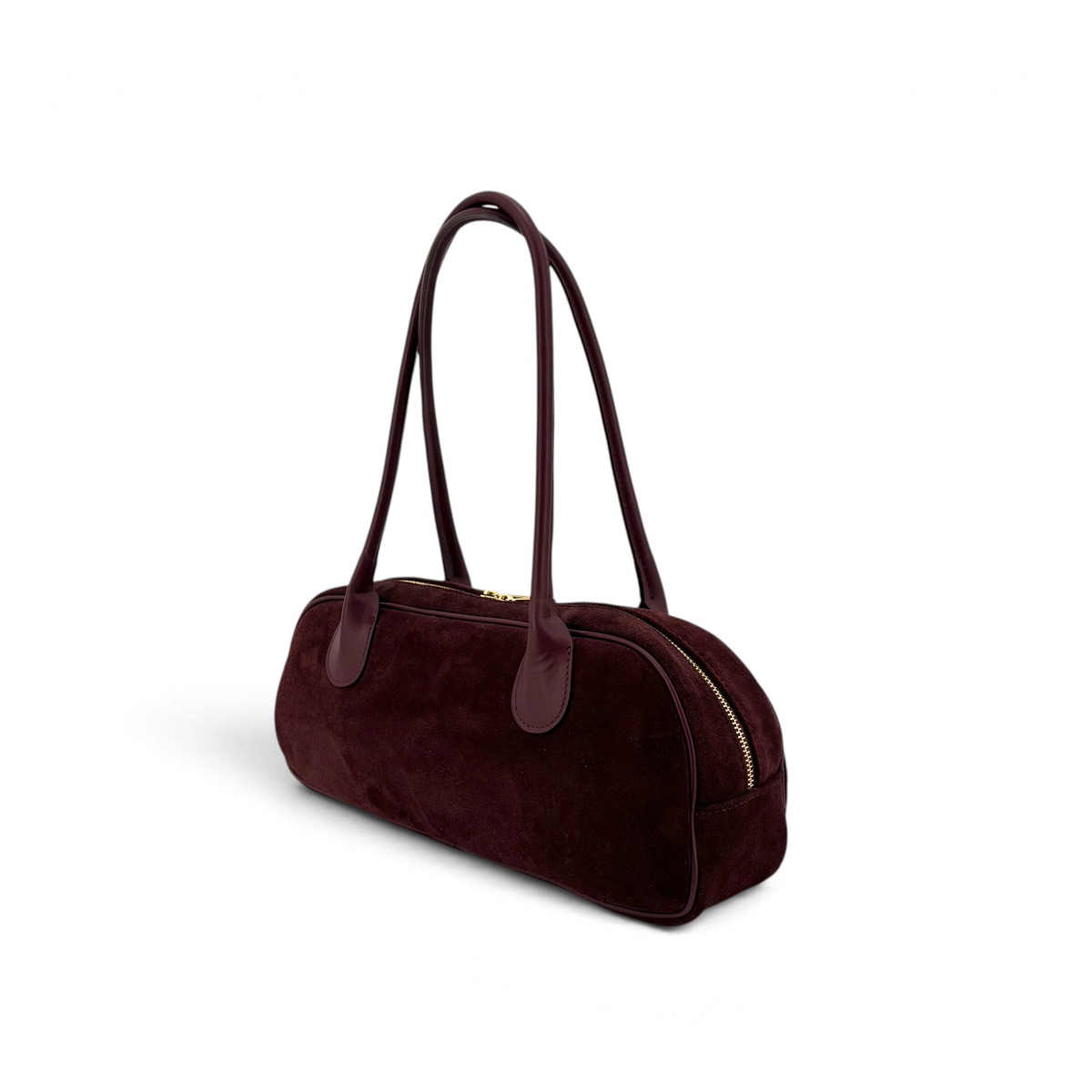 Borsa a spalla Amatì modello Longuette in vero camoscio bordeaux con chiusura a cerniera e manici allungati