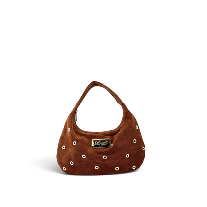 Borsa a spalla Amatì modello Borchietta Mini in camoscio marrone con borchie metalliche dorate