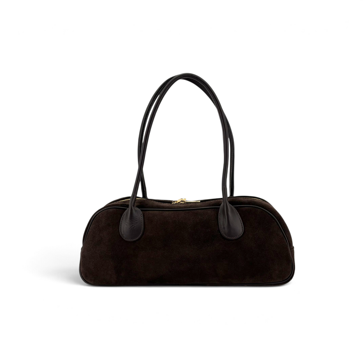 Borsa a spalla Amatì Longuette in camoscio marrone scuro con silhouette orizzontale e doppi manici allungati.