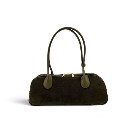 Borsa a spalla Amatì Longuette in camoscio verde oliva con manici lunghi e chiusura a cerniera, design Made in Italy
