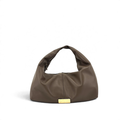 Borsa a spalla Amatì modello FIAMMA in pelle color tortora con dettagli metallici dorati e chiusura a zip