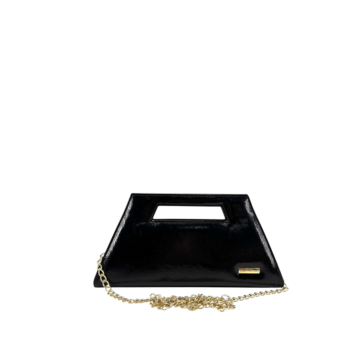Borsa Amatì Star trapezoidale nera in naplak effetto vernice con manico intagliato e catena dorata removibile