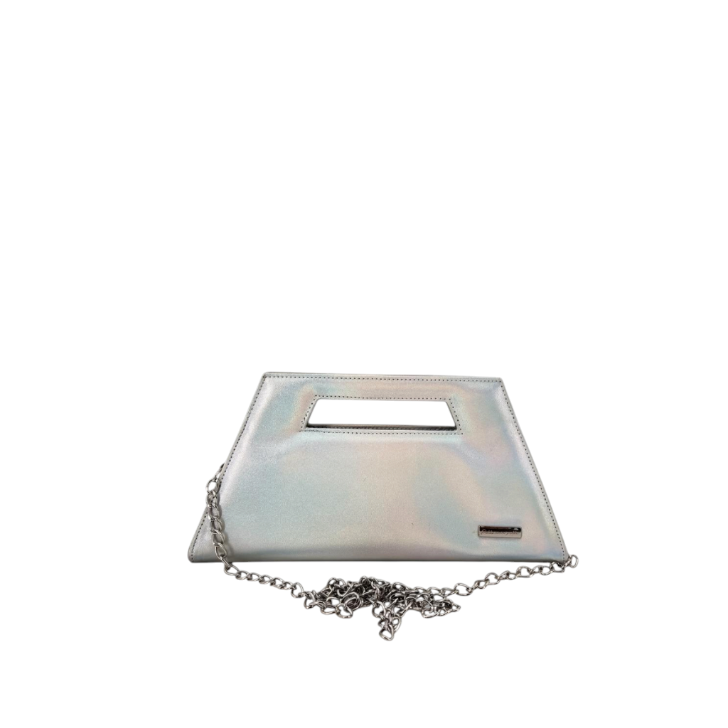 Borsa a mano Amatì Star trapezoidale in ecopelle olografica cangiante con manico intagliato e catena removibile