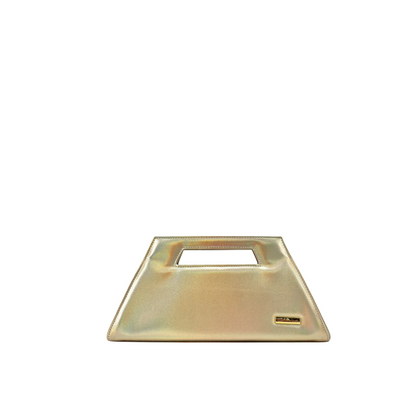 Borsa Amatì Star trapezoidale in ecopelle olografica cangiante con manico intagliato e placchetta dorata con logo