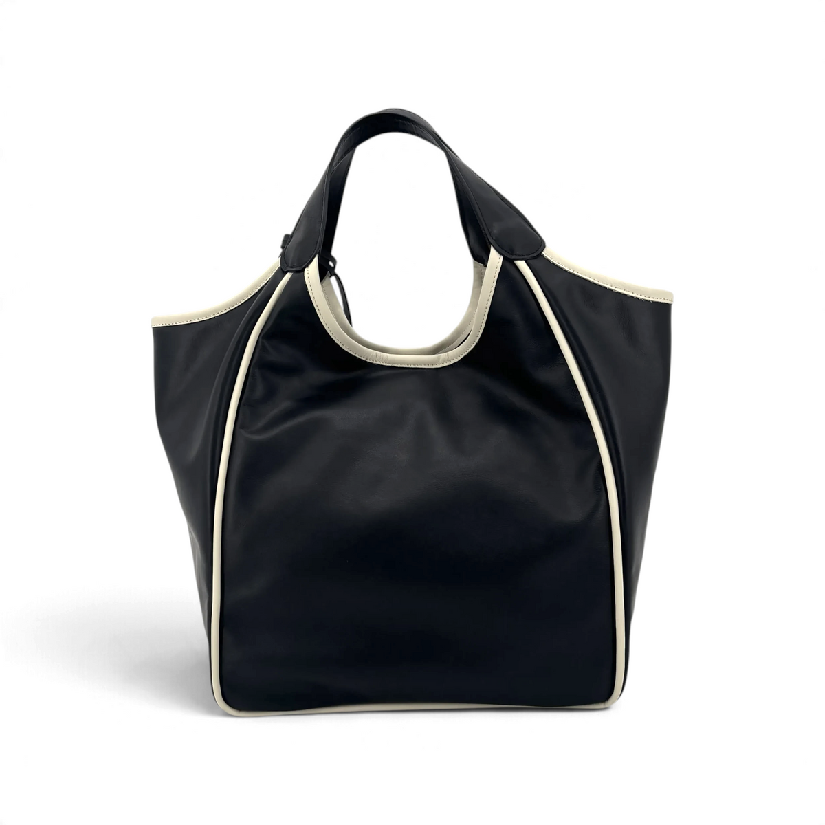 Borsa tote Amatì Nuvola in pelle nera con profili a contrasto color crema e manici integrati