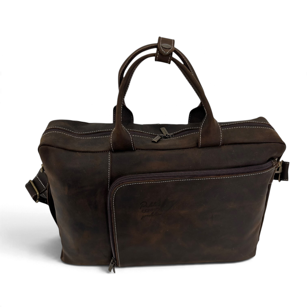 Cartella zaino 3-in-1 Amatì in vera pelle ingrassata marrone con manici, tracolla e tasca frontale con zip.