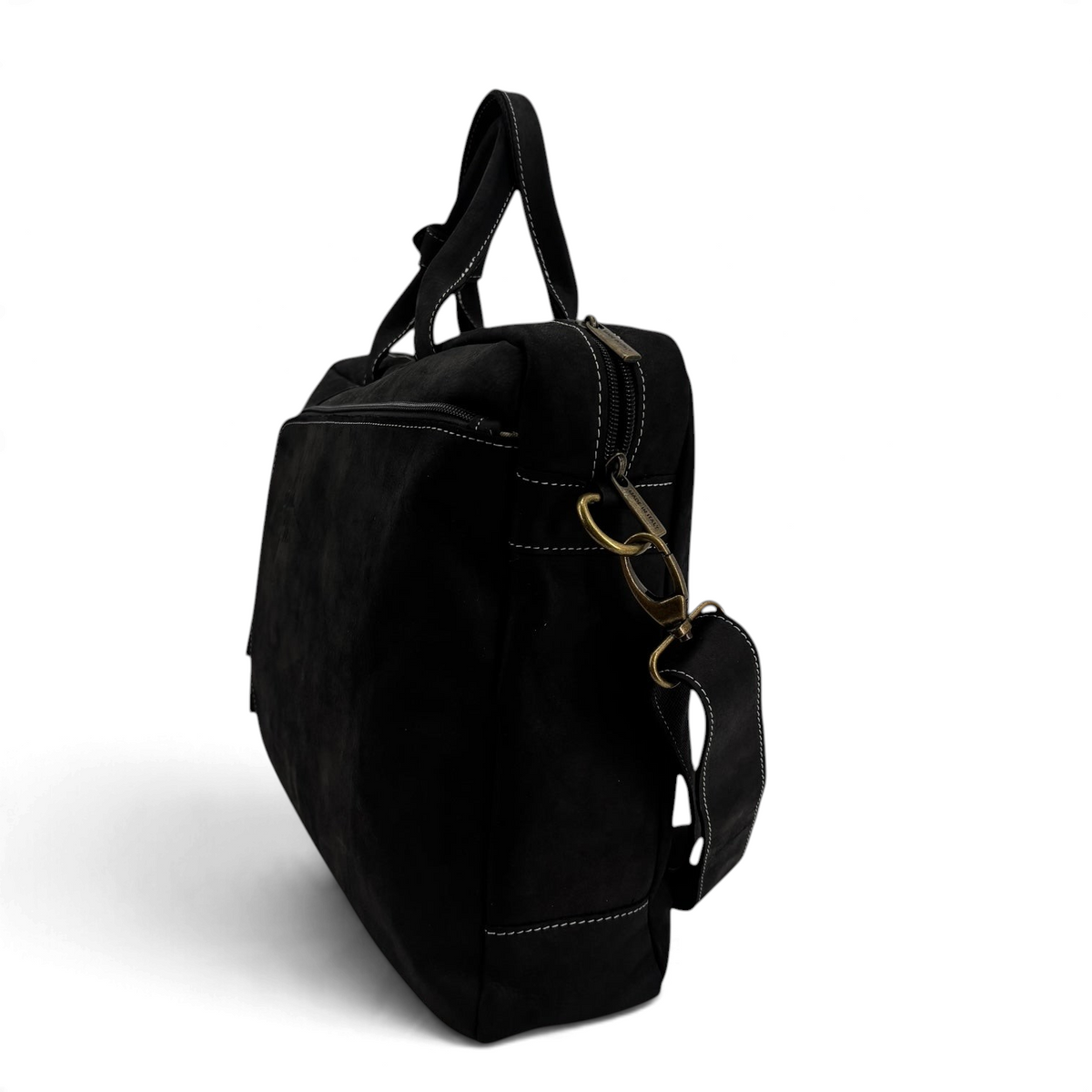 Cartella zaino 3-in-1 Amatì in vera pelle ingrassata nera con cuciture a vista, vista laterale con tracolla