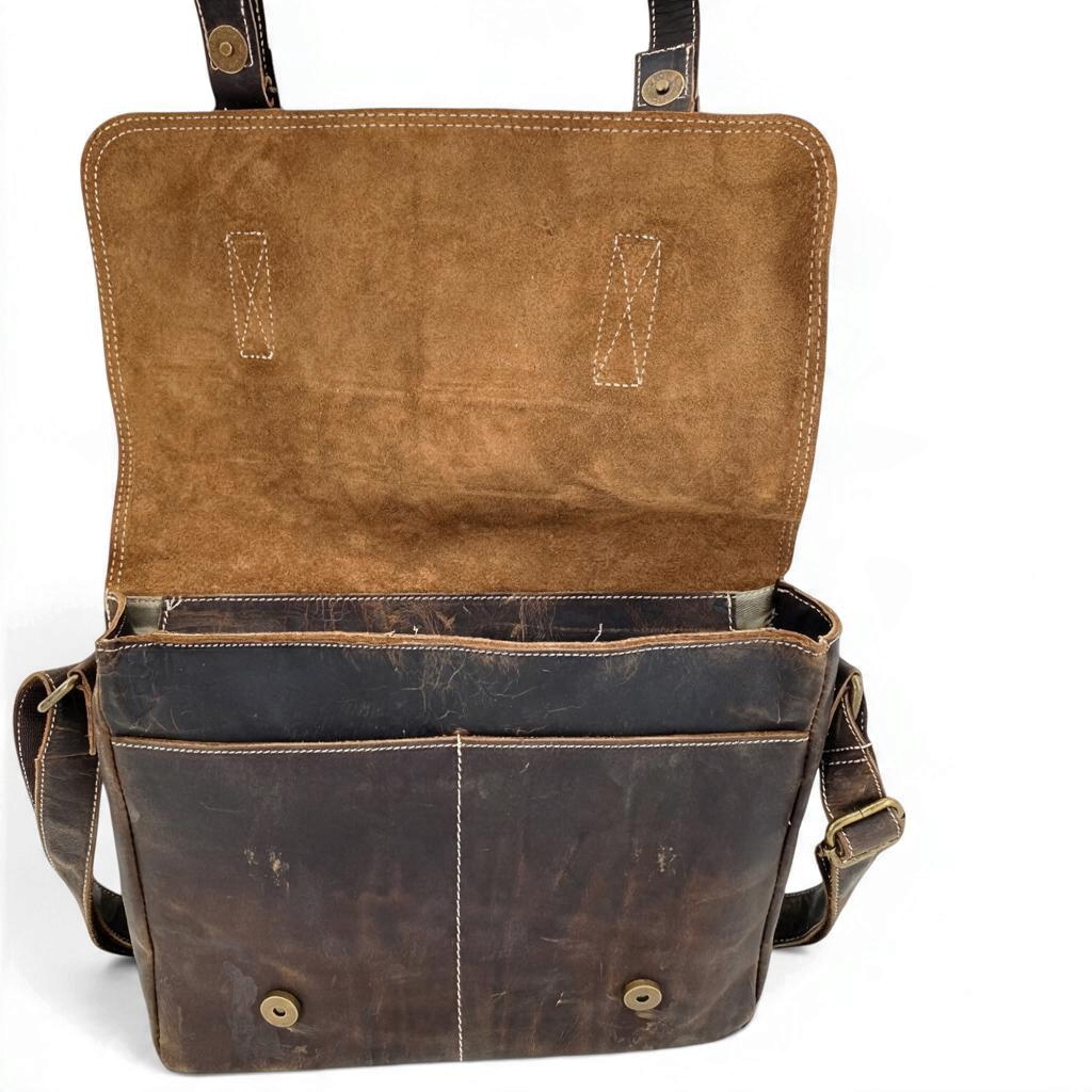 Borsa messenger Amatì Dante in cuoio anticato marrone con patella aperta e cuciture a contrasto artigianali