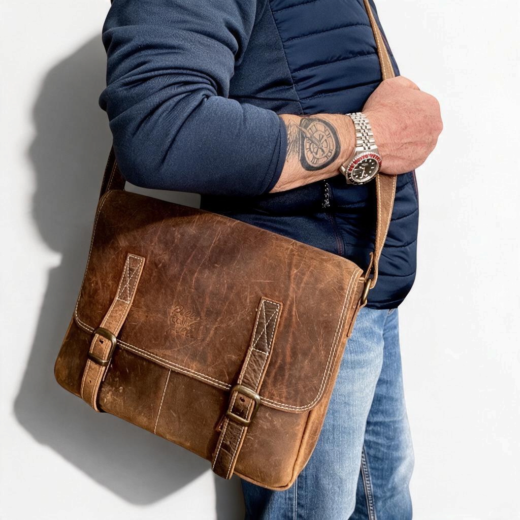 Borsa messenger Amatì modello Dante in cuoio anticato marrone con tracolla regolabile e cuciture a contrasto