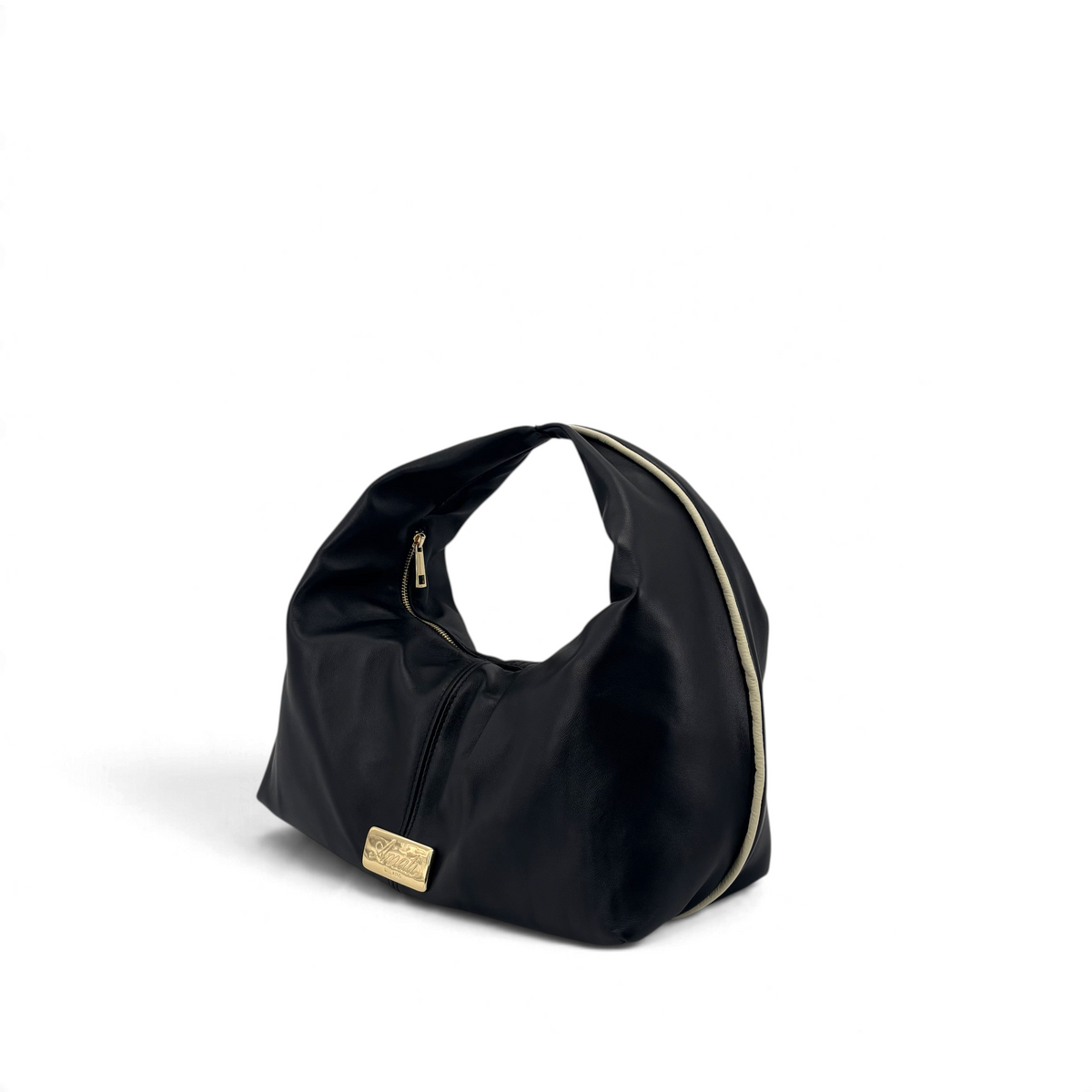 Borsa hobo nera Amatì in pelle con chiusura a zip e placca metallica dorata sul davanti
