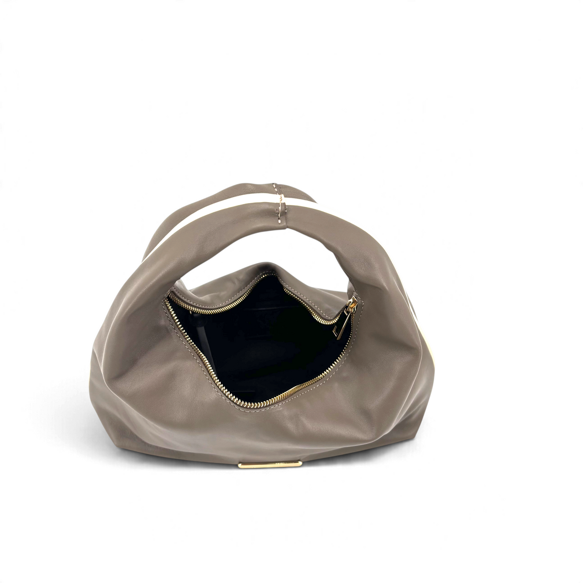 Borsa a mano Amatì Fiammetta in pelle color tortora con manico integrato e chiusura a zip dorata