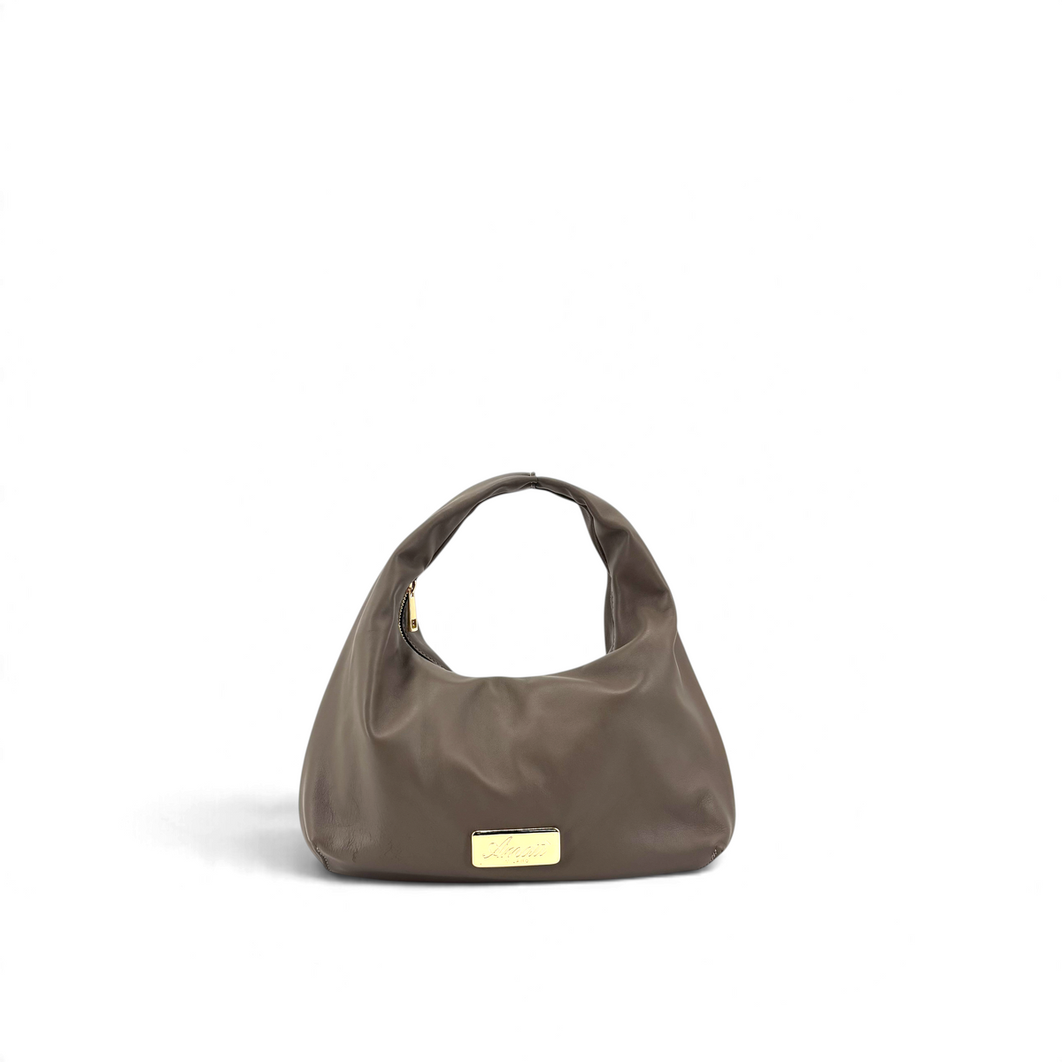 Borsa a spalla Amatì Fiammetta in pelle color tortora con placca logo dorata e chiusura a zip