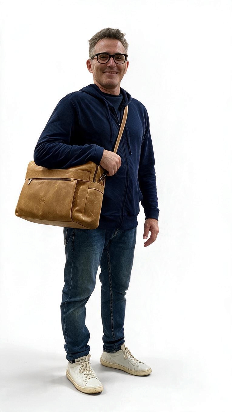 Uomo con occhiali indossa la cartella professionale Amatì Fremon in pelle ingrassata color cuoio a tracolla