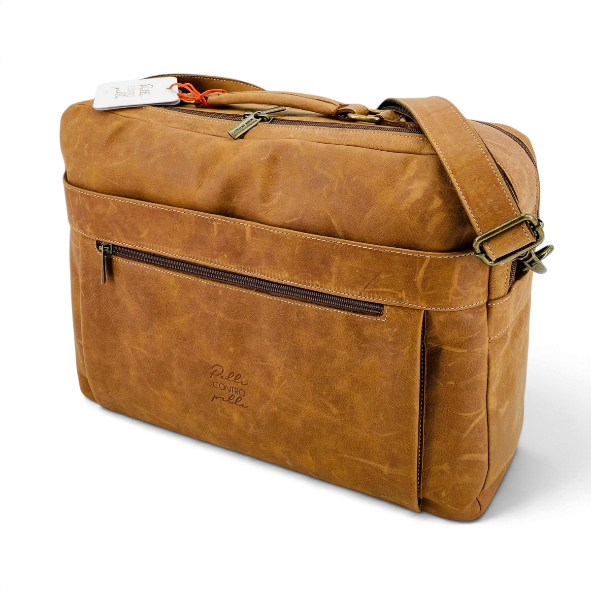 Cartella professionale Amatì Fremon in pelle ingrassata color cuoio con tasche frontali e tracolla regolabile