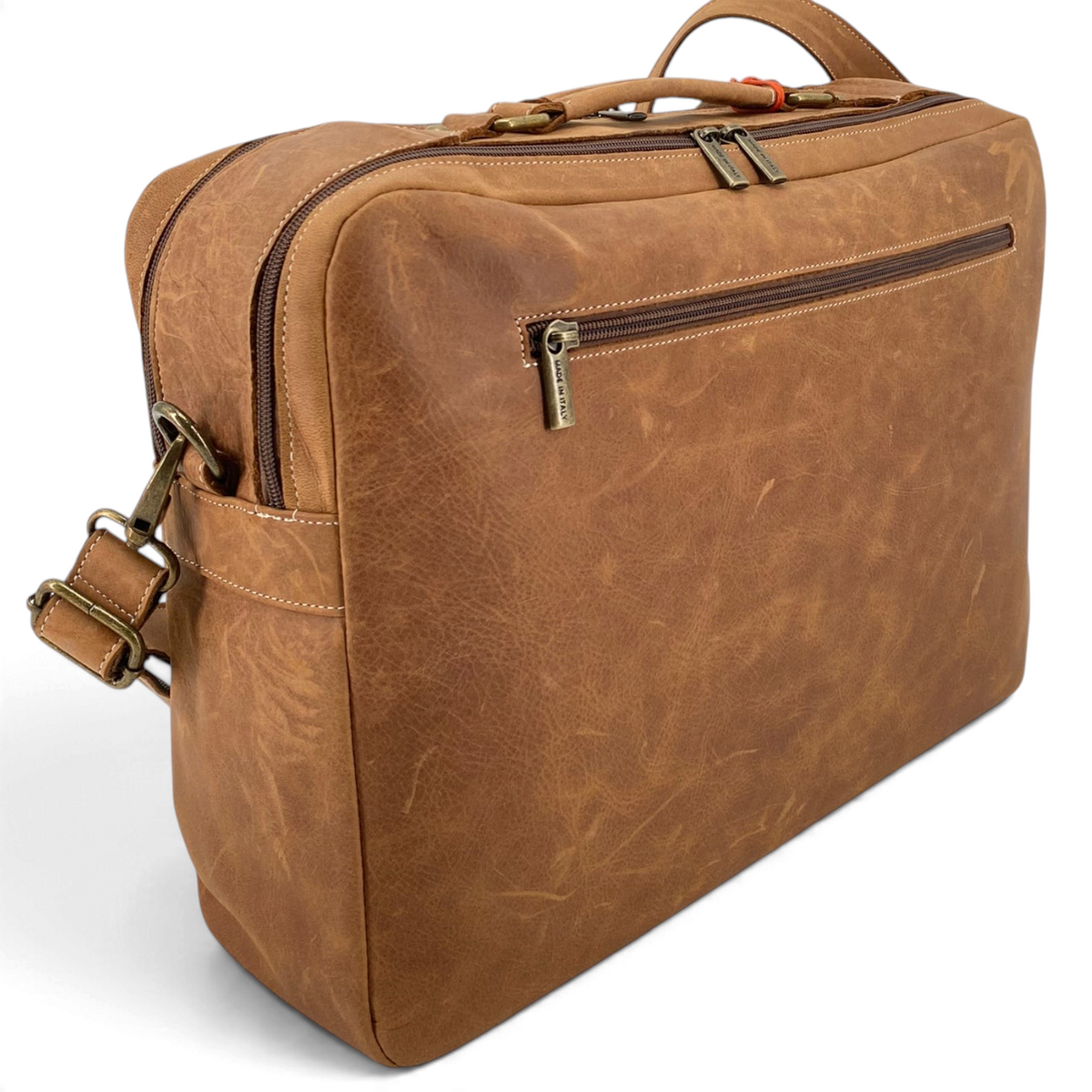 Cartella professionale Amatì Fremon in pelle ingrassata color cuoio con scomparti multipli e tracolla regolabile