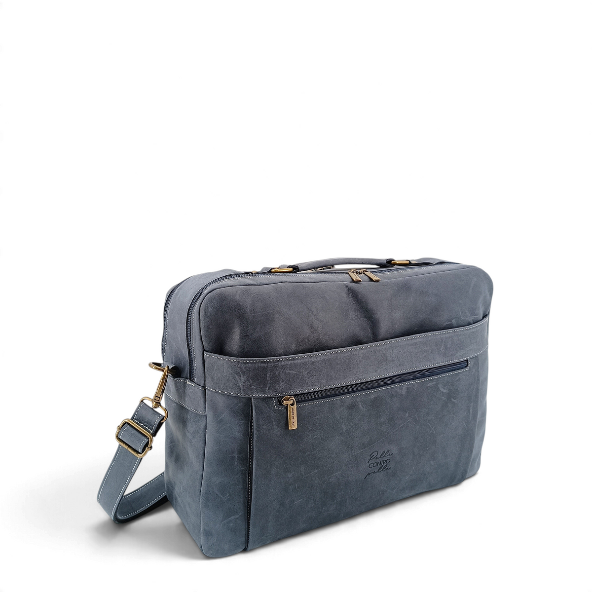 Cartella professionale Amatì Fremon in pelle ingrassata grigia con tracolla, scomparti con zip e vano per laptop.