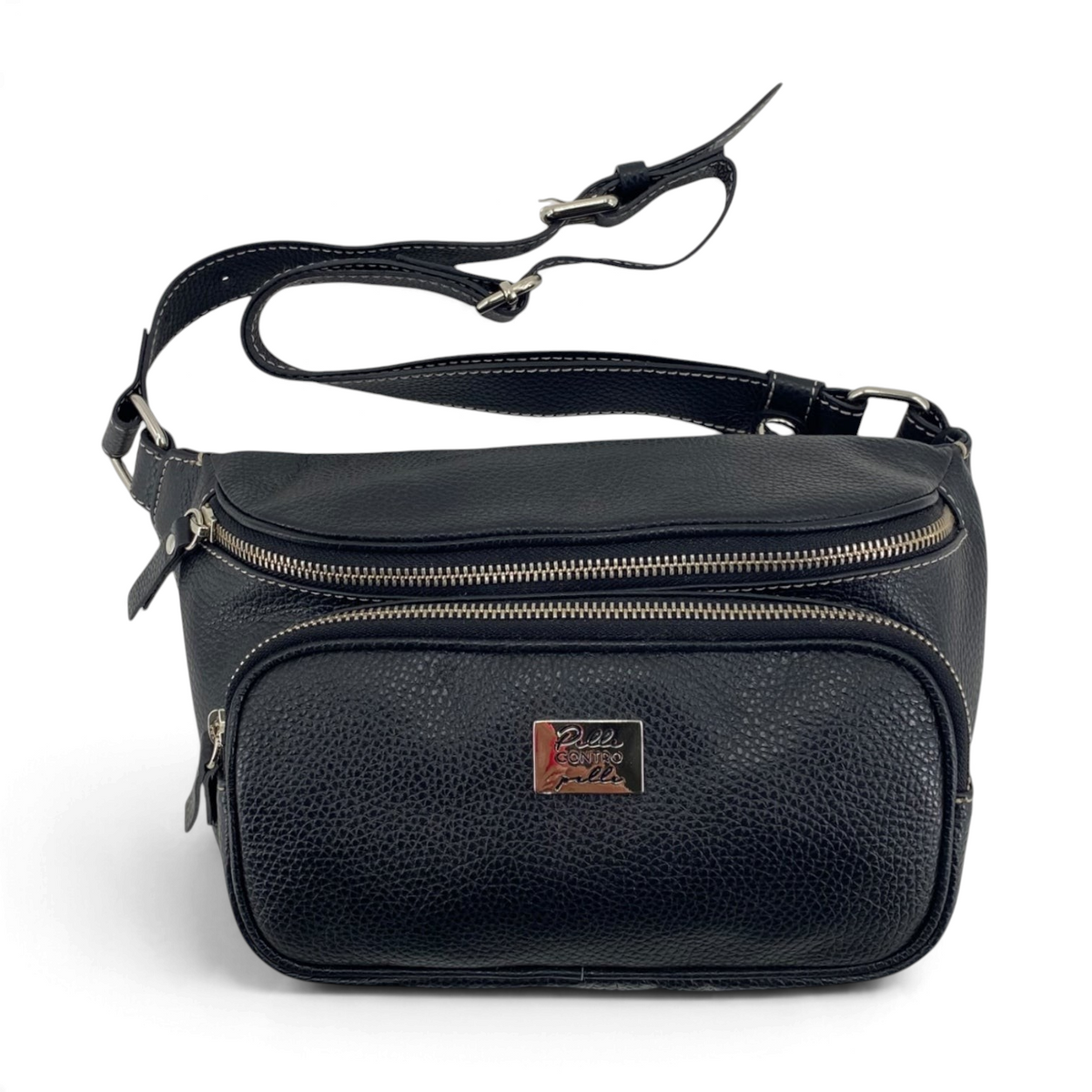 Marsupio Amatì Oregon in vera pelle martellata nera con tre tasche esterne e tracolla regolabile, stile artigianale.