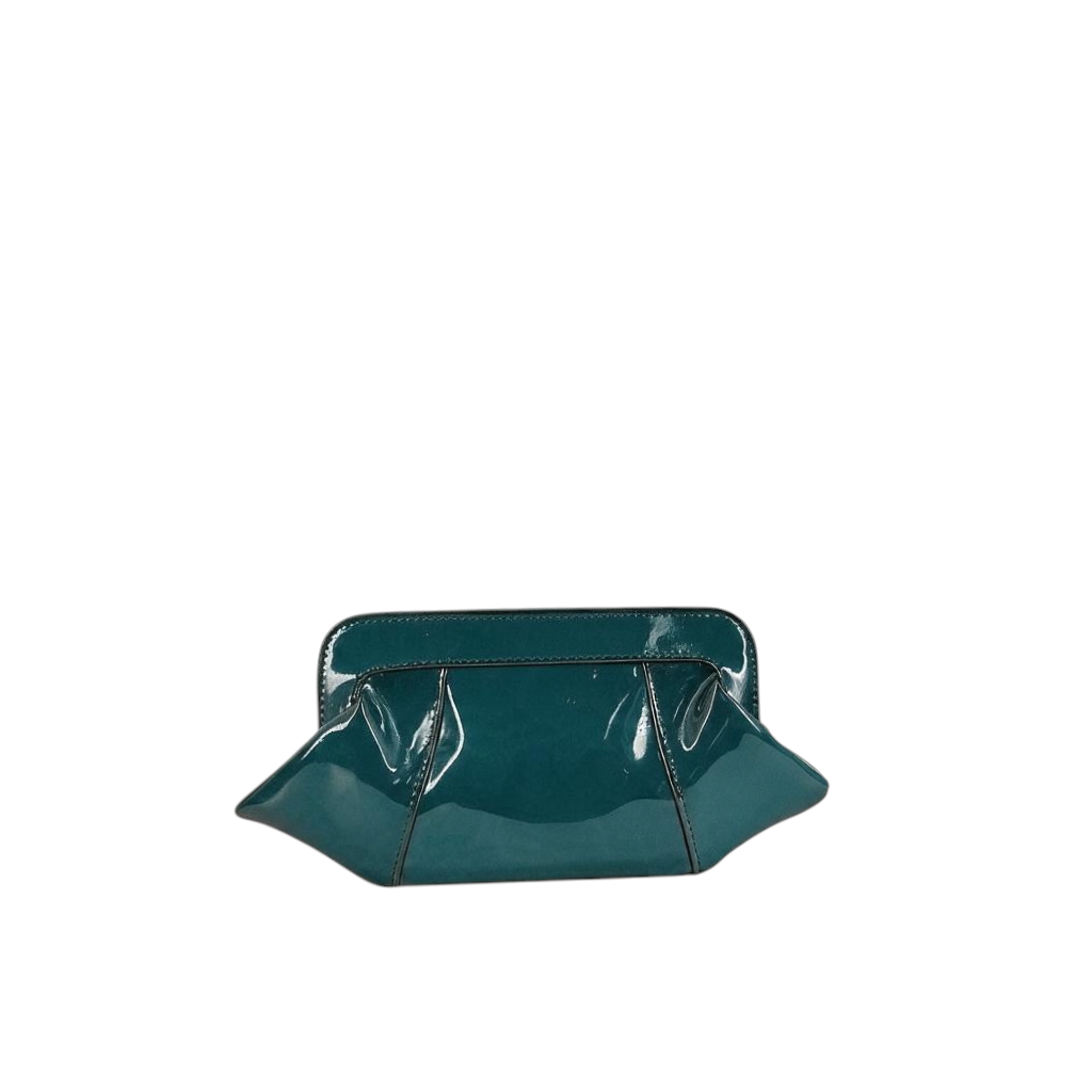 Pochette da sera Amatì Queen in eco vernice ottanio con chiusura a scatto e design elegante e strutturato