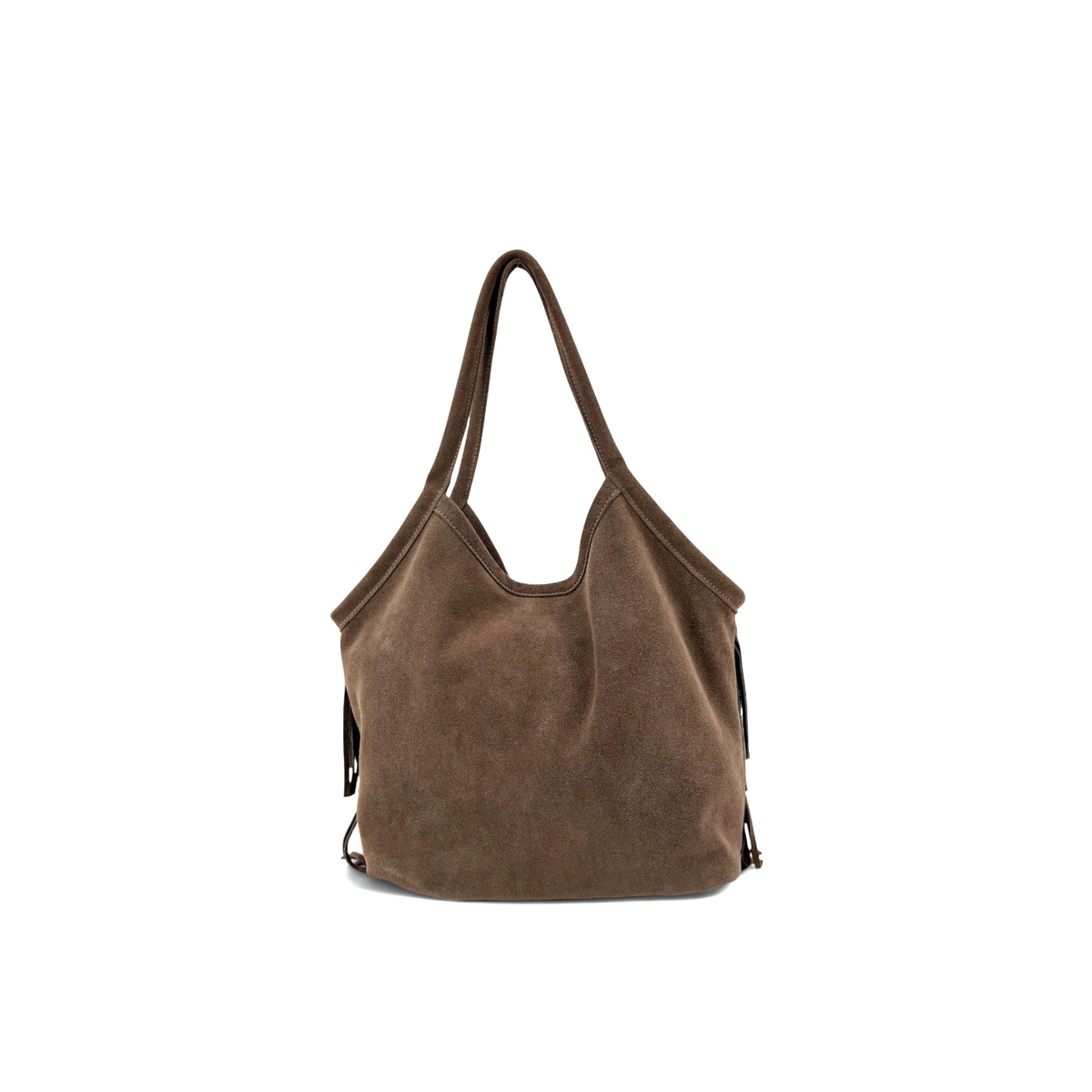 Borsa a spalla Amatì Samba in morbido camoscio marrone con frange laterali e manici integrati, stile chic e originale.