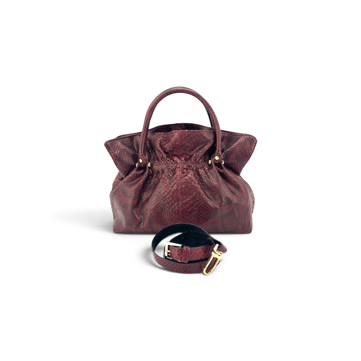 Borsa Amatì Smeralda in pelle bordeaux con stampa pitone, manici arrotondati e tracolla rimovibile