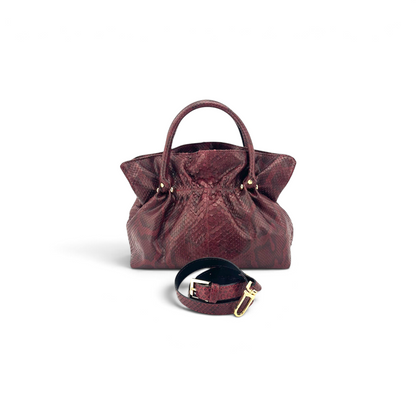 Borsa Amatì Smeralda in pelle bordeaux con stampa pitone, manici arrotondati e tracolla rimovibile