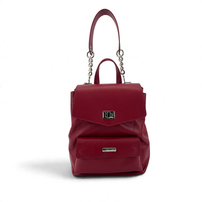 Zaino Amatì modello Corallo in pelle martellata color rosso scuro con dettagli in metallo argentato e tracolla a catena